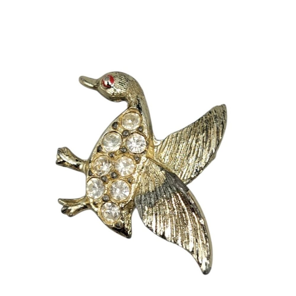 Little Nemo Vintage Goose Brooch Small Gold Tone Rhinestone Pin Red Tone Eye
